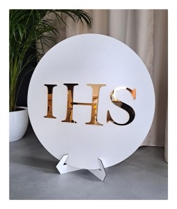 Biała Tablica Komunia Święta IHS 60cm na stojaku dekoracja