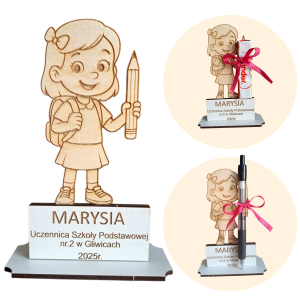 Drewniana statuetka Pasowanie na Ucznia personalizowana pamiątka dla dziecka