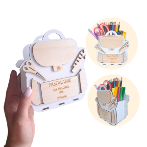 Upominek na Pasowanie na Ucznia Przedszkolaka Pojemnik organizer na kredki z grawerem 