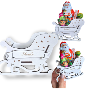 Prezent na Mikołajki dla dzieci drewniane sanie na słodycze z imieniem