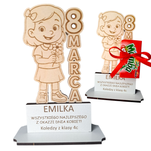 Prezent na Dzień Kobiet dla Dziewczynek Statuetka Drewniana z imieniem i dedykacją