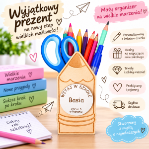 Personalizowane upominki dla uczniów – pojemniki na kredki na pasowanie i ślubowanie