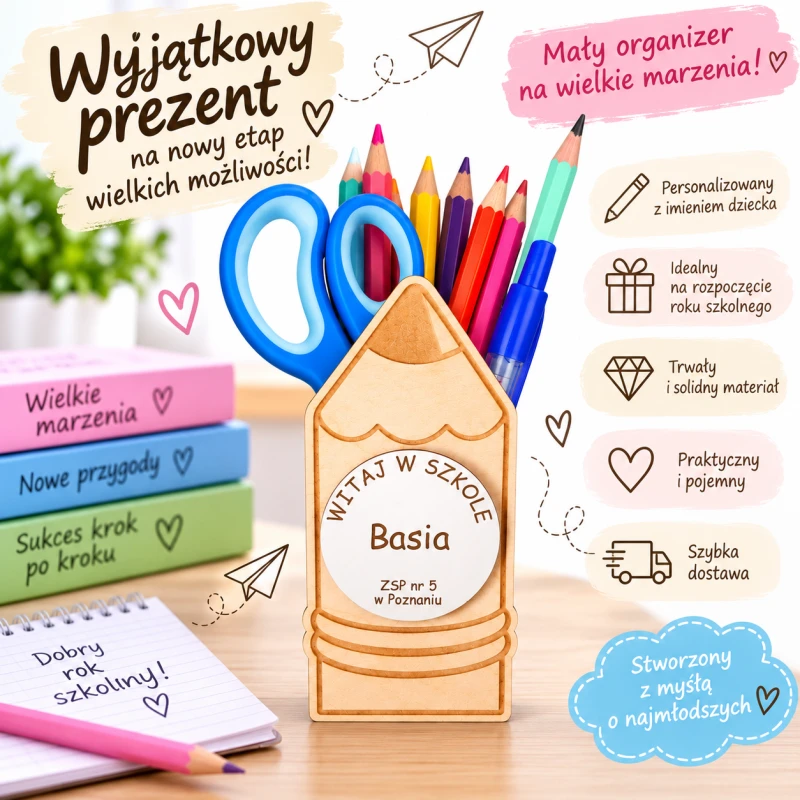 Personalizowane upominki dla uczniów – pojemniki na kredki na pasowanie i ślubowanie